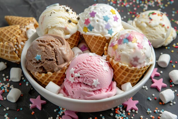 Photo colorful ice cream scoops in waffle cones with fresh berries delicious summer treat for food photog