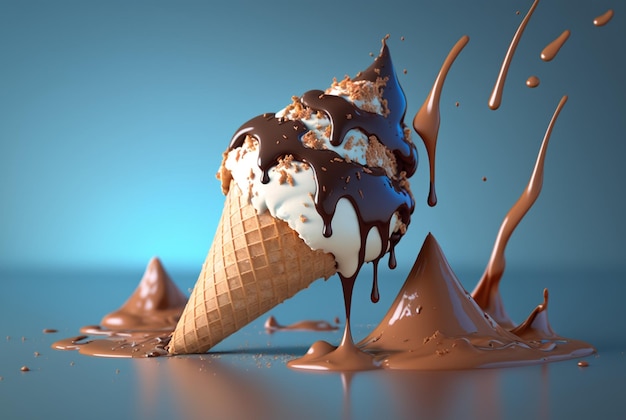 Colorful ice cream splashes melting ice cream cone Ai generative