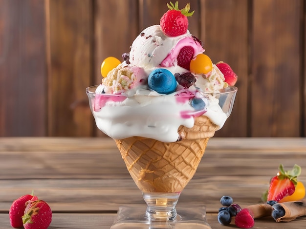 A colorful ice cream sundae on a wooden table