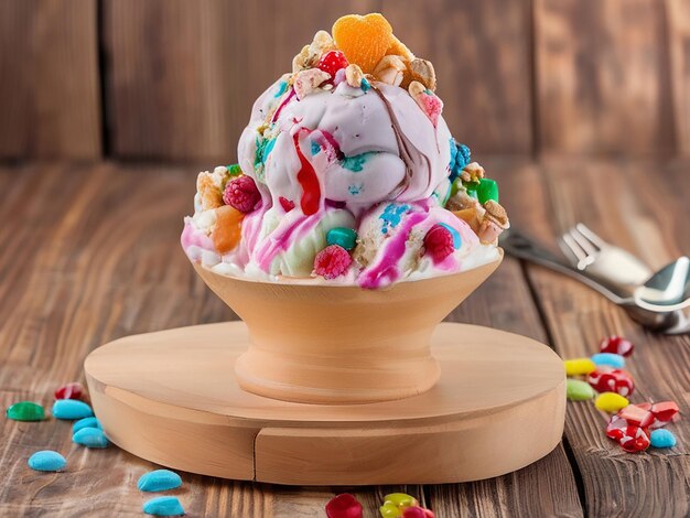 A colorful ice cream sundae on a wooden table