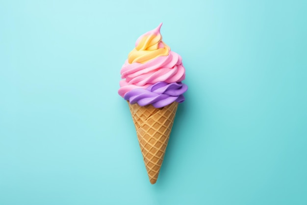 Colorful ice cream in waffle cone flat lay on colored background Generative AI