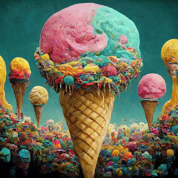 colorful ice cream in the waffle cones