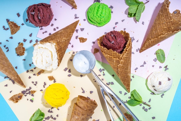 Colorful ice cream in waffle cones