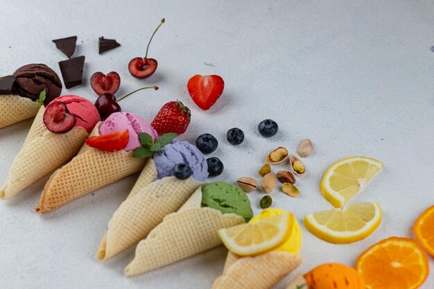 Colorful ice cream in waffle cones