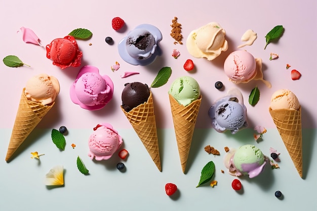 Colorful ice cream with berries on pastel background