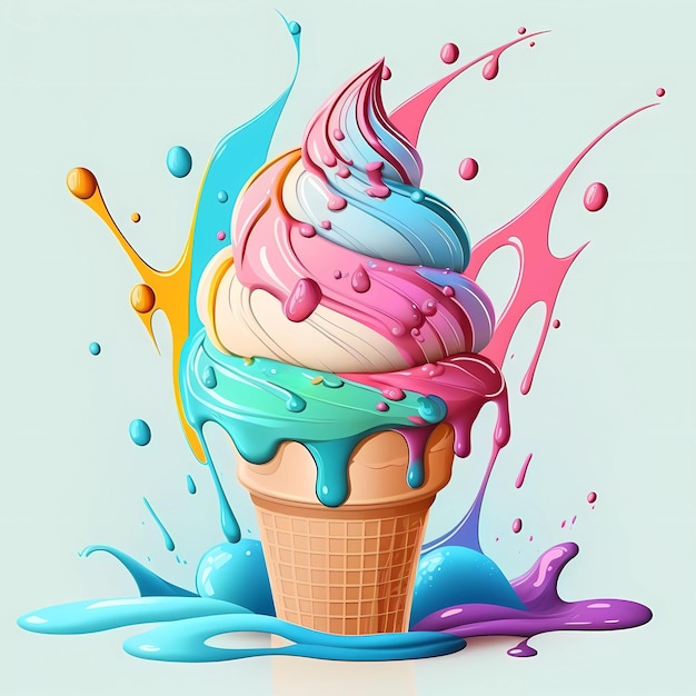 페인트를 뿌리고 페인트를 뿌린 다채로운 아이스크림.