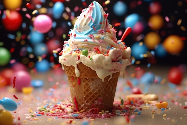 砂糖の結晶が付いたカラフルなアイスクリーム