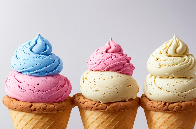 Colorful ice creams in waffle cones Generative AI