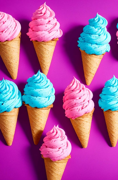 Colorful ice creams in waffle cones Generative AI