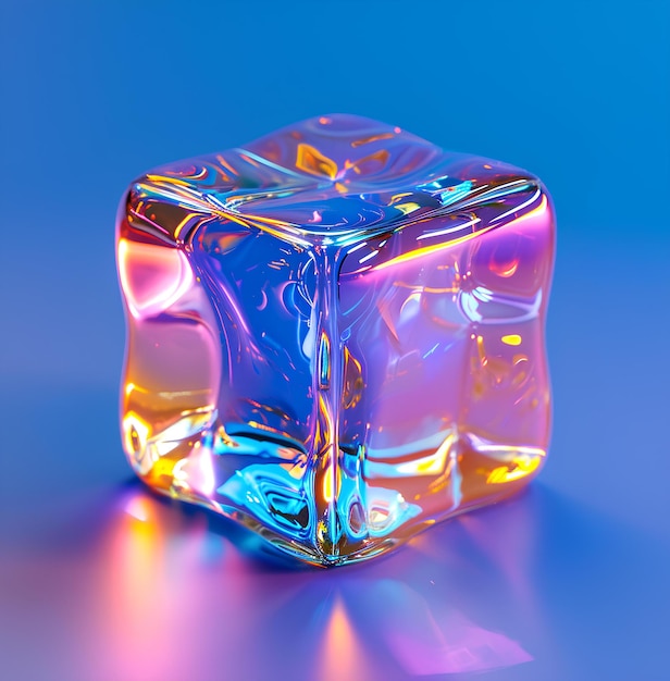 A colorful ice cube sits on a blue background