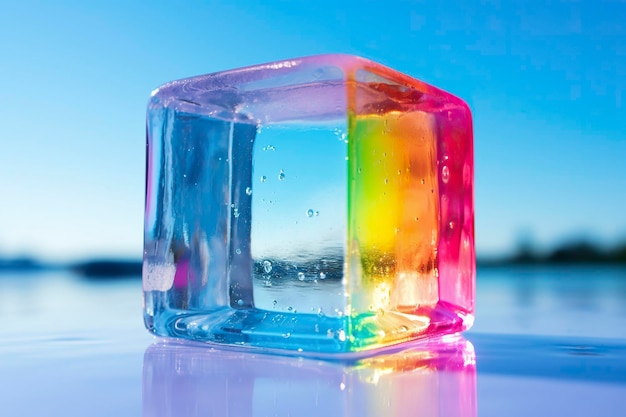 Colorful ice cube with reflection on water surface