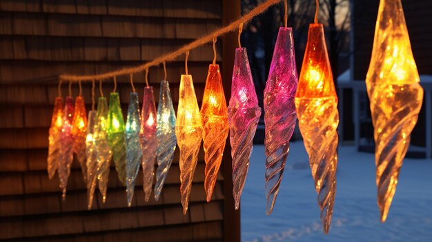 Colorful icicles hanging from the roof in a cold winter day