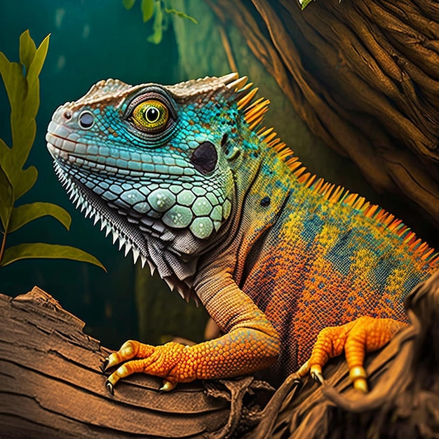 Colorful Iguana animal tree branch AI Generated