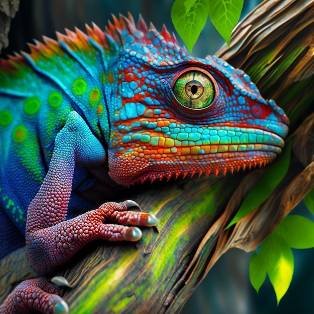 Colorful Iguana animal tree branch AI Generated