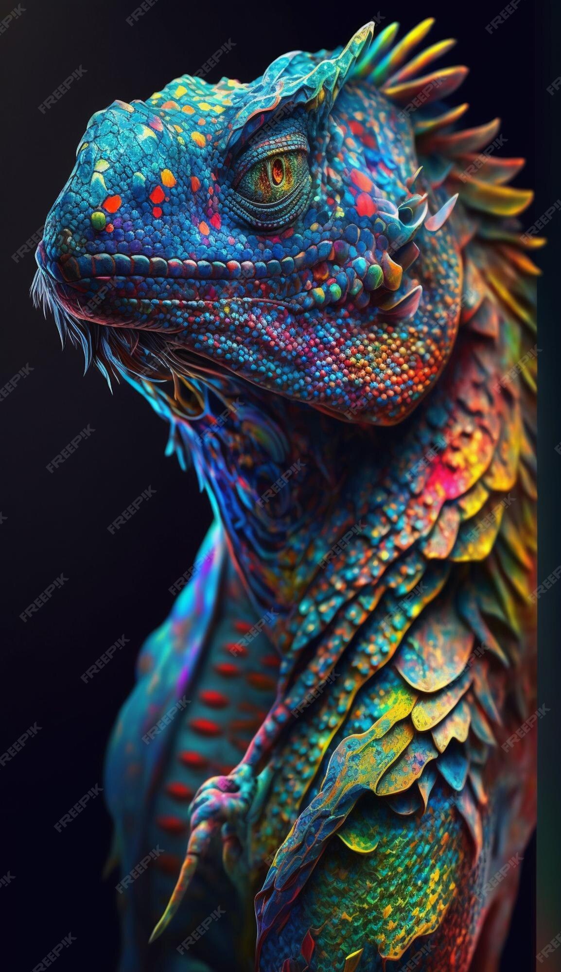 Premium AI Image | A colorful iguana with a black background