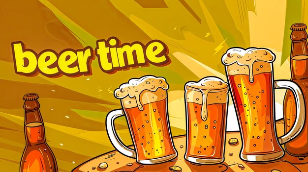 Colorful illustrated banner with multiple beer mugs and bottle ideal for festive occasions