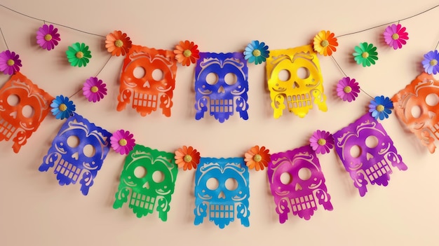 Foto giornata dei morti illustrata a colori ghirlande di carta papel picado su sfondo d'avorio