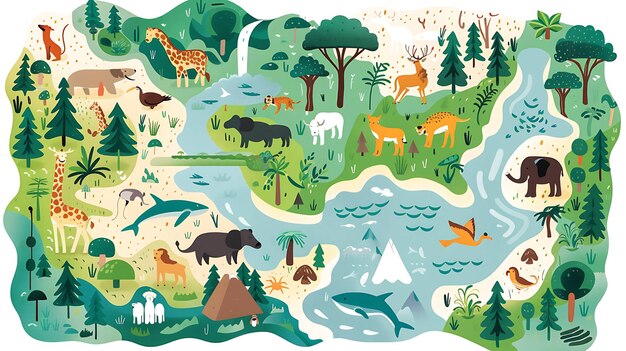 Photo a colorful illustrated map featuring a variety of animals and plants