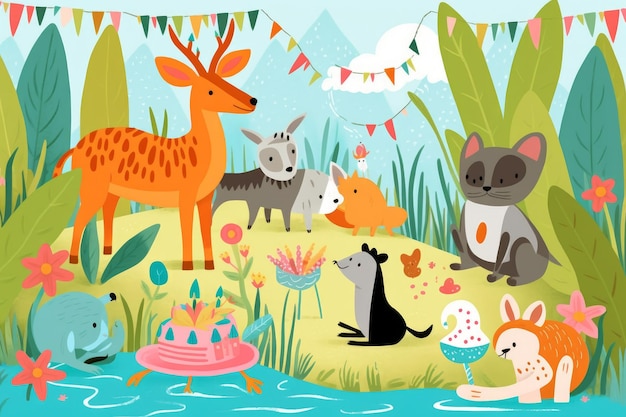 A colorful illustration of animals in a forest with a sign that says'i love animals '