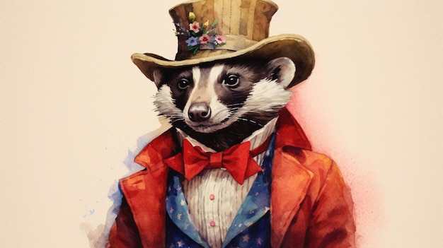 A colorful illustration of a badger wearing a hat