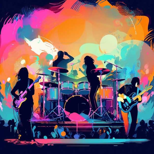 A colorful illustration of a band playing on stage.