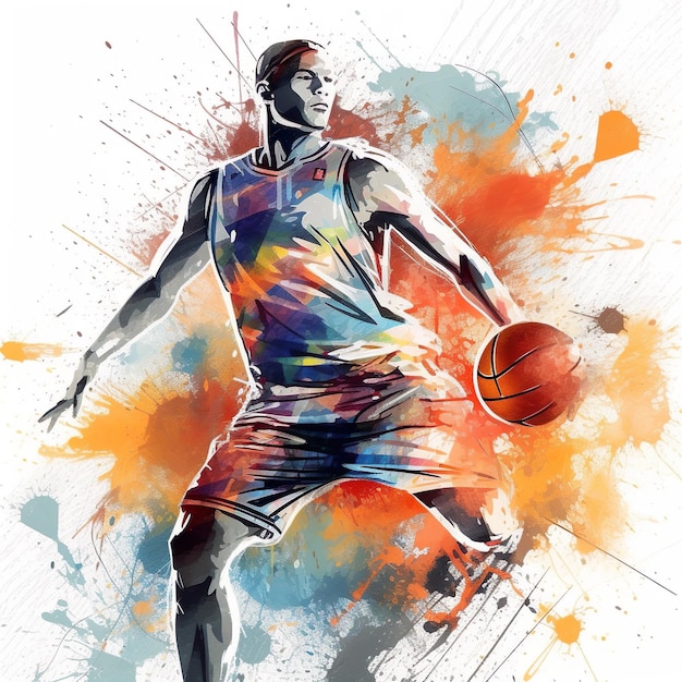 A colorful illustration of a basketball player with a ball in his hand.