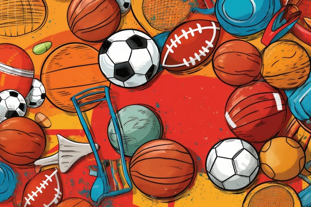 A colorful illustration of basketballs, balls, and a ball.