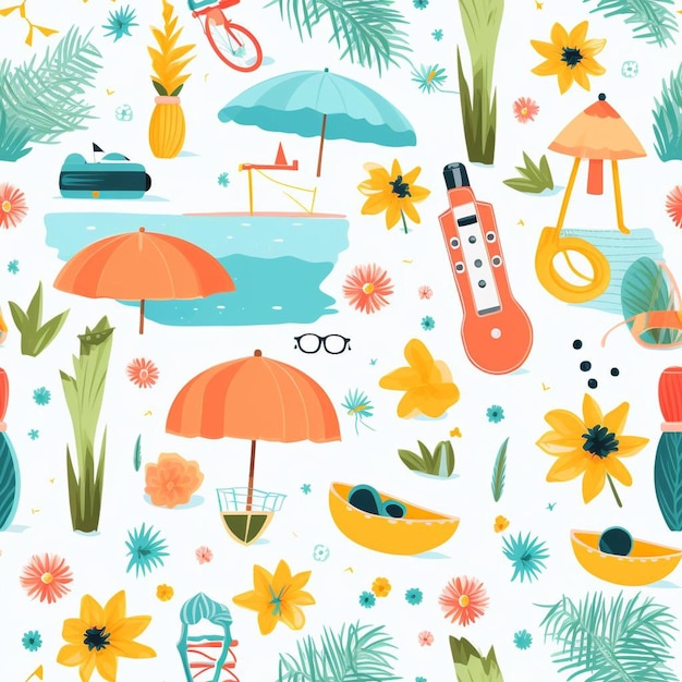 A colorful illustration of a beach scene with flowers and umbrellas.