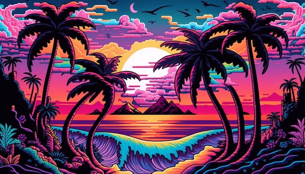 A colorful illustration of a beach scene with palm trees and mountains in the background.