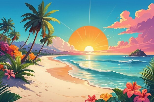 A colorful illustration of a beach with a palm tree and a sun on it