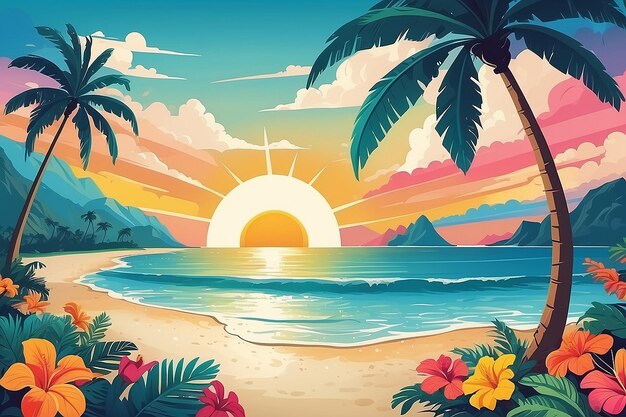 A colorful illustration of a beach with a palm tree and a sun on it