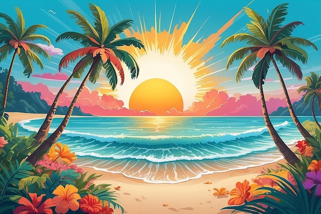 A colorful illustration of a beach with a palm tree and a sun on it