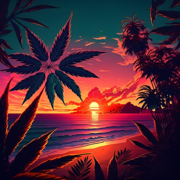A colorful illustration of a beach with a palm tree and a sunset.