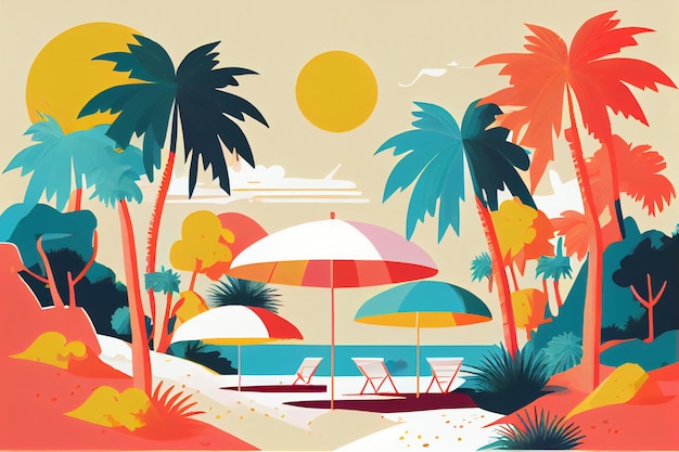 Photo a colorful illustration of a beach with palm trees and a beach scene.