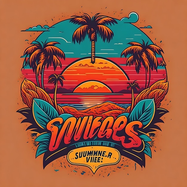 A colorful illustration of a beach with palm trees and a sunset Generative AI