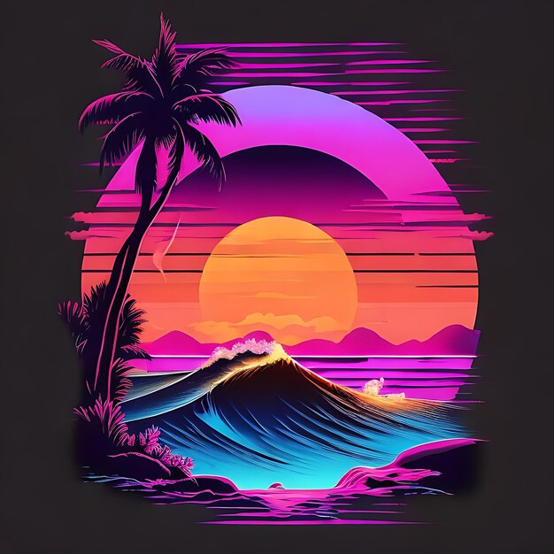 Photo a colorful illustration of a beach with palm trees and a sunset generative ai