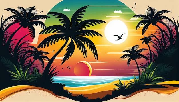 A colorful illustration of a beach with palm trees and a sunset.