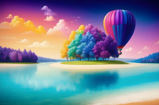 A colorful illustration of a beach with a rainbow hot air balloon in the sky.