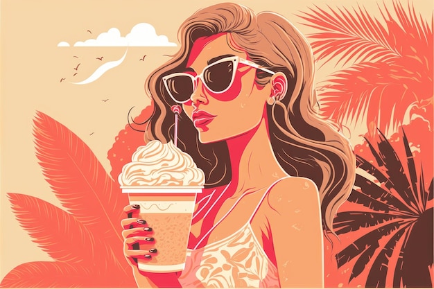 Colorful illustration of a beach woman drinking cold drink beverage having fun at resort outside Portrait of beautiful young fashion girl in sunglasses and swimwear drinking cocktail Generative AI