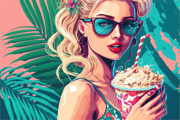 Foto illustrazione colorata di una donna sulla spiaggia che beve bevanda fredda divertendosi al resort fuori ritratto di una bella ragazza alla moda in occhiali da sole e costume da bagno che beve cocktail ia generativa