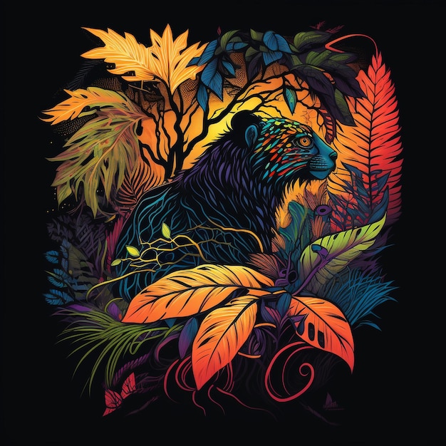 A colorful illustration of a bear in the jungle.