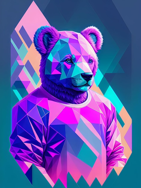 A colorful illustration of a bear with a purple shirt