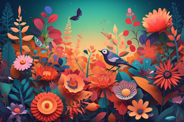 A colorful illustration of a bird on a flower garden.