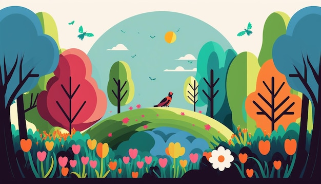 A colorful illustration of a bird on a hill with flowers and trees in the background.