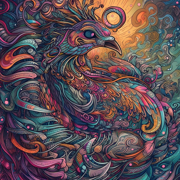 A colorful illustration of a bird with a spiral design on it.