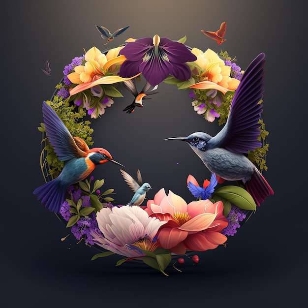 A colorful illustration of birds and flowers with a black background.