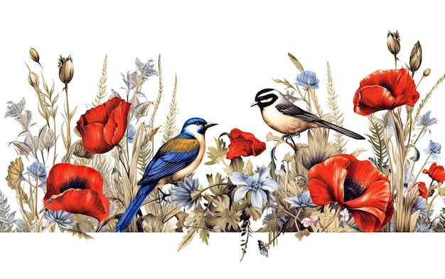 A colorful illustration of birds and poppies.