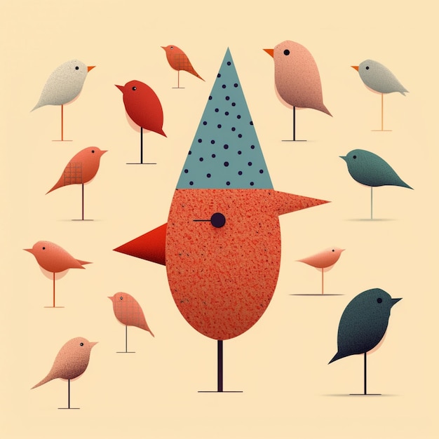 A colorful illustration of birds with one of them wearing a blue hat.