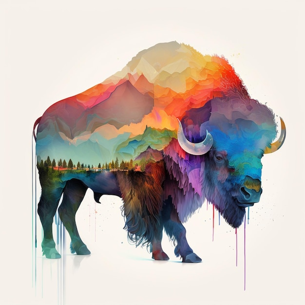 A colorful illustration of a bison with mountains in the background.