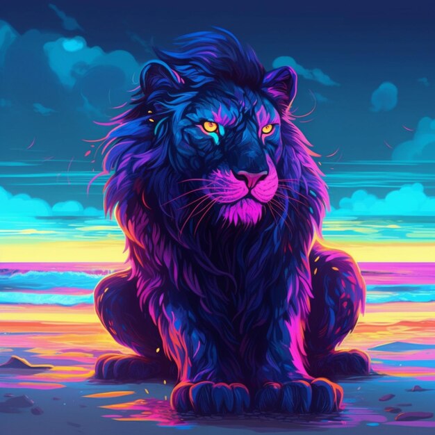 A colorful illustration of a black tiger with blue eyes sits on a beach.